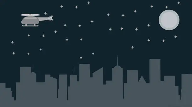 Vector illustration of Night city with helicopter