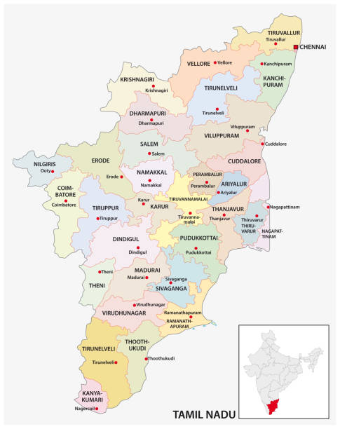 administrative and political map of indian state of Tamil Nadu, india administrative and political map of indian state of Tamil Nadu, india tamil nadu stock illustrations