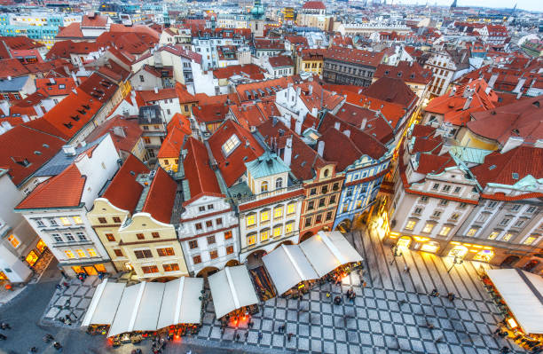 Aerial view over Prague from Old town bridge tower at dusk Aerial view over Prague from Old town bridge tower at dusk. Beautiful travel background. old town bridge tower stock pictures, royalty-free photos & images