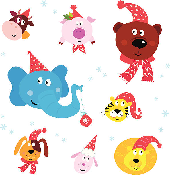 illustrations, cliparts, dessins animés et icônes de fête de noël des animaux avec chapeaux de père noël - vector elephant isolated on red female animal