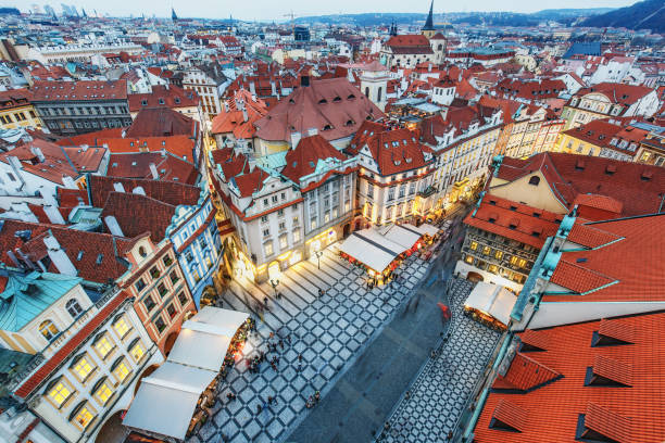 istock Aerial view over Prague from Old town bridge tower at dusk 1088125686
