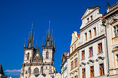 The Church of Mother of God before Tyn and antique buildings at the old town square in Prague