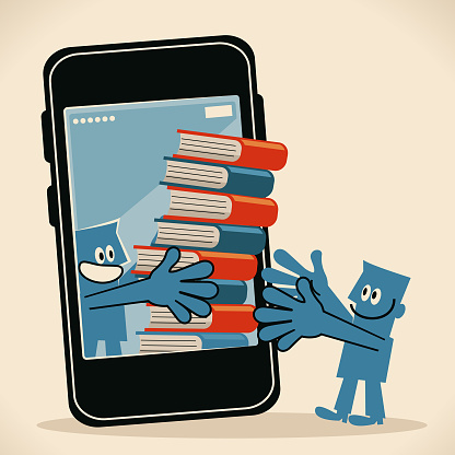 Blue Little Guy Characters Vector art illustration.Copy Space.
Two Smiling men with a stack of books and smart phone (ebook).