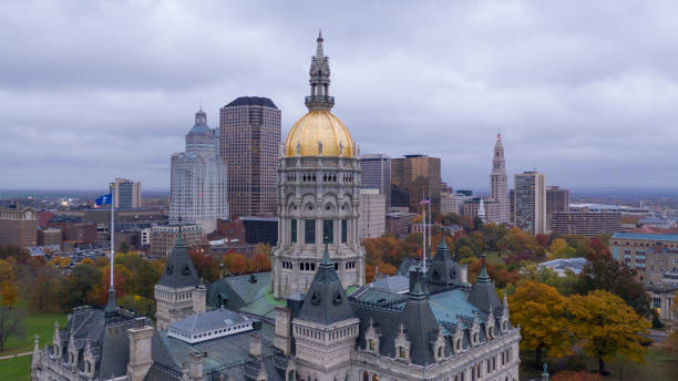 Hartford Connecticut Aerial View Capital Building Statehouse Downtown Downtown buildings under a dark sky at the Connecticut state capitol building in Hartford connecticut state capitol building stock pictures, royalty-free photos & images