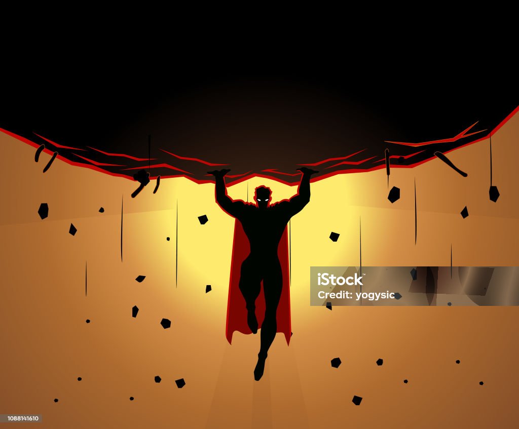 Vector superheld liften een grote Rock-silhouet - Royalty-free Superheld vectorkunst