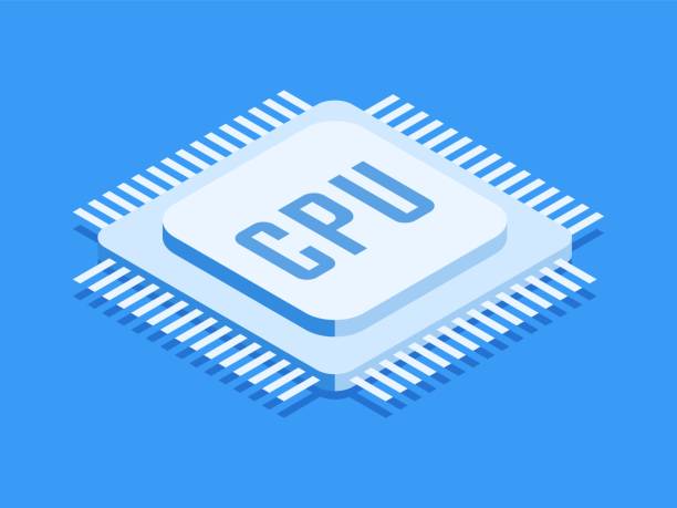 cpu-chip, computer-prozessor-symbol. isometrische vorlage für webdesign in flachen 3d-stil. vektor-illustration. - computer chip cpu processor semiconductor stock-grafiken, -clipart, -cartoons und -symbole