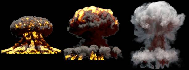 istock 3D illustration of explosion - 3 large different phases fire mushroom cloud explosion of atom bomb with smoke and flame isolated on black background 1088146008