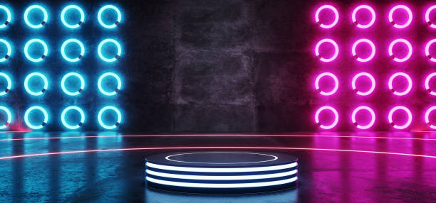Hi Tech Sci Fi Modern Neon Glowing Triangle  Purple Pink Blue Circle Shaped Lights Podium Showroom Stage On Reflective Grunge Concrete Walls Floor Background 3D Rendering