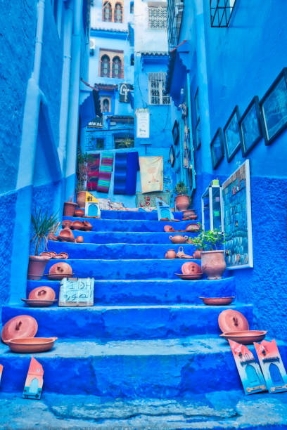 Crafts exhibited in one of the typical streets of the medina of Chefchaouen, the so-called blue city, one of the towns most visited by tourists. Chefchaouen, Morocco - November 1, 2018: Crafts exhibited in one of the typical streets of the medina of Chefchaouen, the so-called blue city, one of the towns most visited by tourists. chefchaouen photos stock pictures, royalty-free photos & images