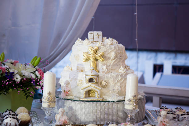 Round multi tiered christening cake, beautiful birthday cake