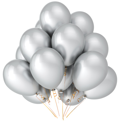 Bunch of shiny clean white helium balloons. Happy birthday symbol. Wedding marriage party decoration. Detailed 3D render.  Isolated on white background.
