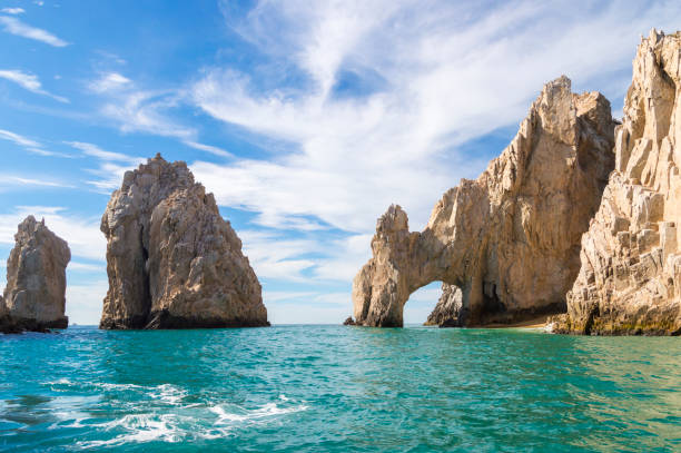 The Arch at Cabo San Lucas This is the world famous Arch rock formation in Cabo San Lucas, Mexico.  The Arch sits at the very tip of Baja California and is an obvious landmark for miles around.  The Arch is also a symbol of the Los Cabos region and creates a picturesque view at the meeting of the Pacific Ocean and Sea of Cortez. arch stock pictures, royalty-free photos & images