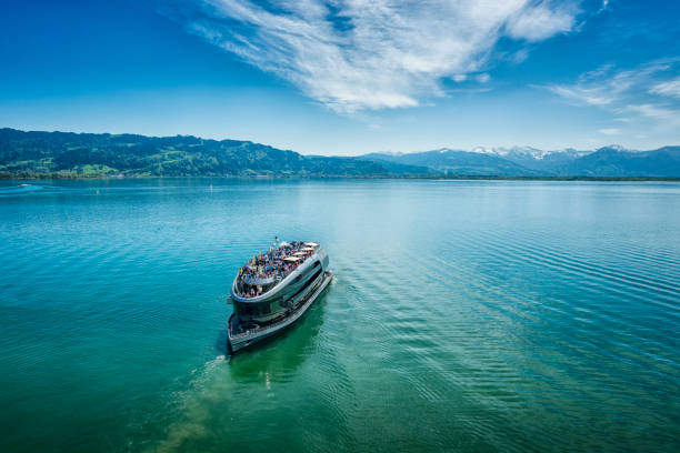 top view of a tourboat on Lake Constance top view of a tourboat on Lake Constance bodensee stock pictures, royalty-free photos & images