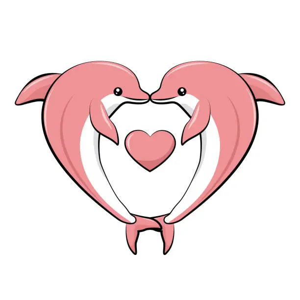 Vector illustration of Dolphin card in the shape of a heart for valentines
