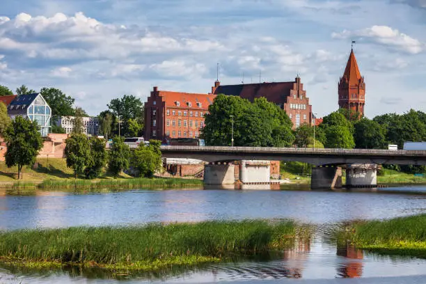 Malbork town in northern Poland, apartment buildings, block of flats by the Nogat River