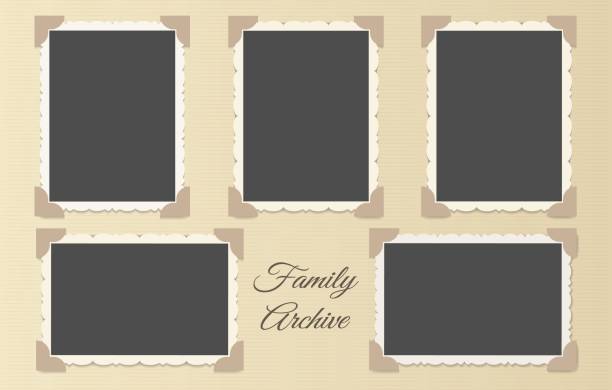 Family photo album collage Family photo album collage. Retro photos page template vector illustration, vintage blank photo frames old style layout family photo on wall stock illustrations