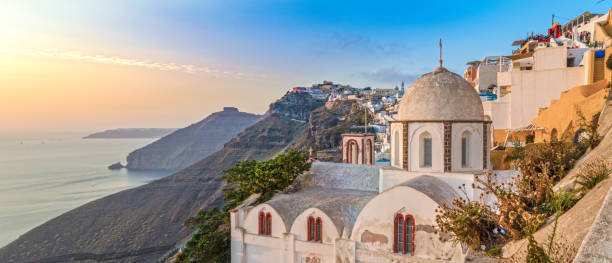 typical greek orthodox church in Fira, Santorini panorama,fira,sunset fira santorini stock pictures, royalty-free photos & images