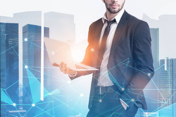 istock Man with laptop in city, network 1088171520
