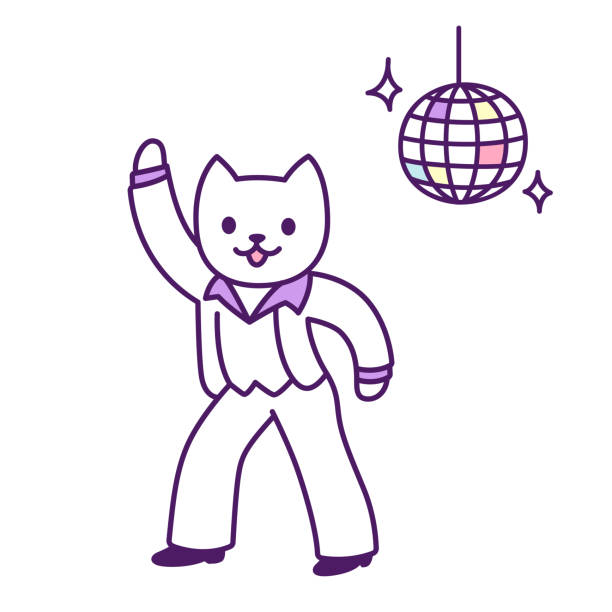 Disco dancer cat Funny disco dancer cat drawing. Cartoon dancing character vector illustration. flare pants stock illustrations