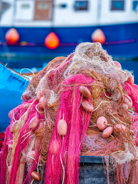 Red fishing nets from above.