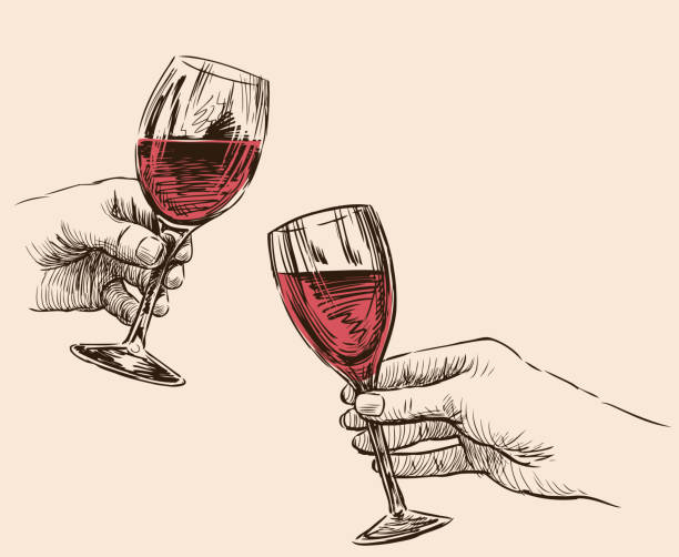 illustrazioni stock, clip art, cartoni animati e icone di tendenza di disegno vettoriale di mani umane con bicchieri da vino - vino illustrazioni