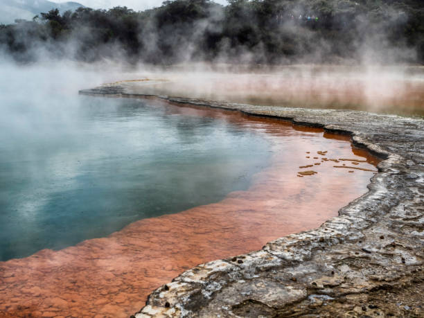 waiotapu thermal wonderland champagne pool - nueva zelanda - new zealand geyser champagne park fotografías e imágenes de stock