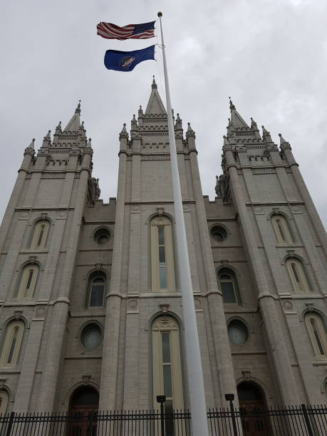 Salt Lake City Utah Church Facade with Flags stock photo
