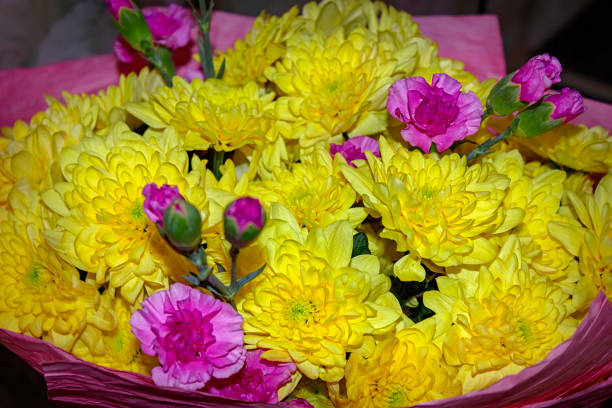 bouquet of yellow chrysanthemums and pink carnations