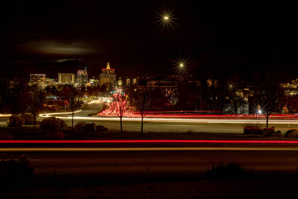istock Boise night skyline down Capital Boulevard with streaking headlights 1088217060