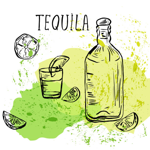 데 킬 라 한 병, 유리 및 레몬의 조각 이다. - shot glass mexican culture lime alcohol stock illustrations