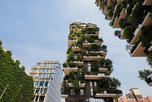 June 14th, 2017 - Milan, Lombardy, Italy. Bosco Verticale residential houses in Milan downtown. Vertical Forest or Veritcal Gardens apartments, example of modern ecological buildings in Porto Nuova.