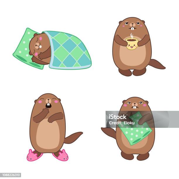 Set Of Groundhog Sleeping And Waking Up Cartoon Outlines Stock Illustration - Download Image Now