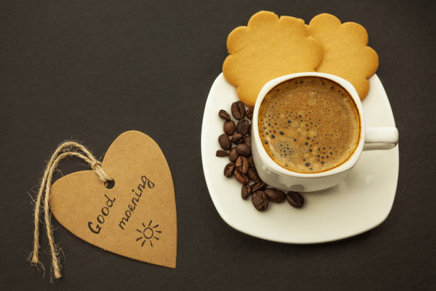 istock Black coffee and cookie on wooden background breakfast, top view 1088237892