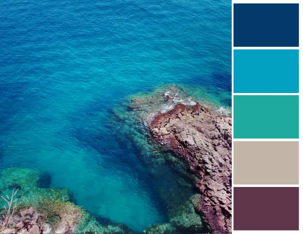 Sea color palette. Harmonious combination of colors. Color theory and mixing.