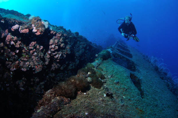 Diver exploring the SS Yongala shipwreck, Townsville, Great Barrier Reef, Australia stock photo