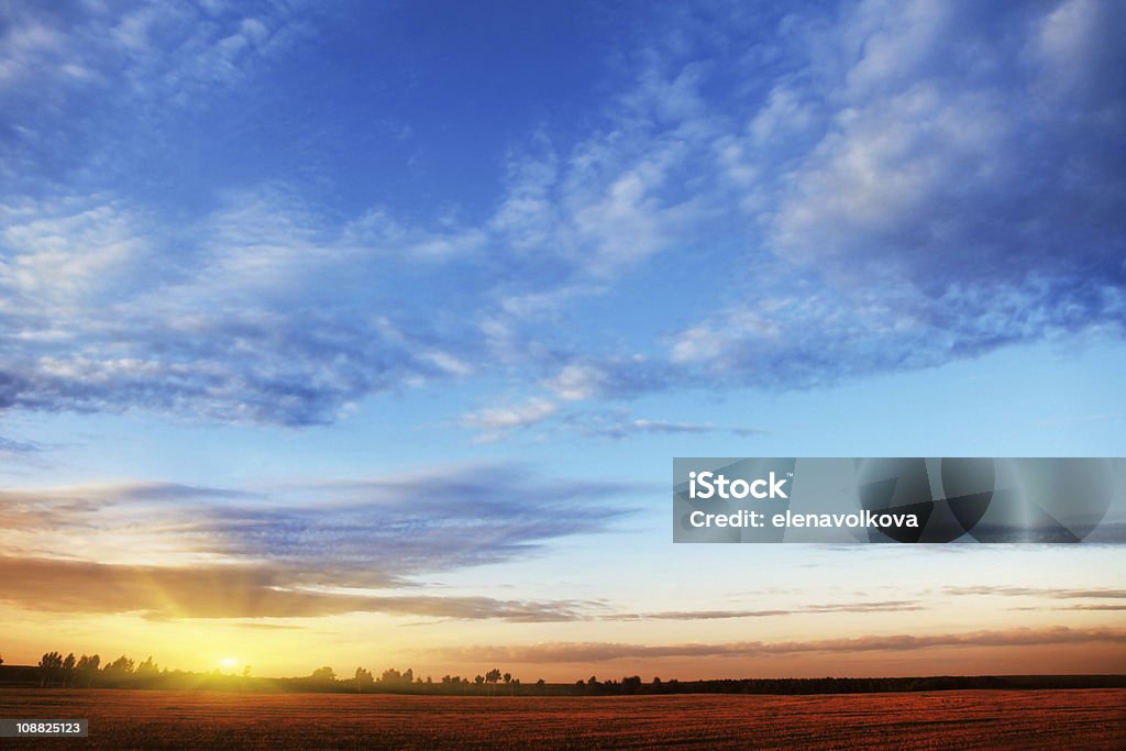 Sunset sky over field. Autumn field and sunset sky. Agricultural Field Stock Photo