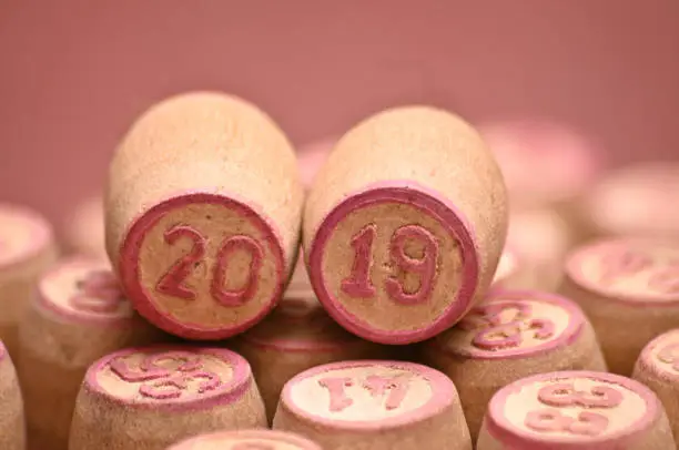 Photo of Barrels with digits for playing lotto.New Year 2019.Merry Christmas