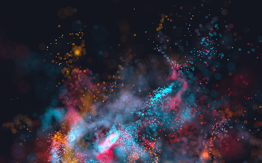 3D render of many flowing colorful particles