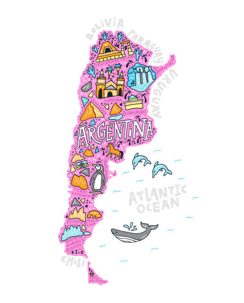 The cartoon map of Argentina The cartoon man with the symbols of an Argentina vector illustration. argentina stock illustrations