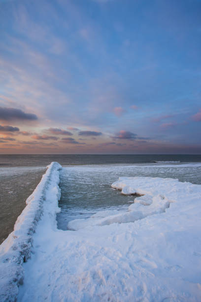 istock snow-covered breakwaters on a winter beach near a cold, ice-covered sea during sunset 1088265844