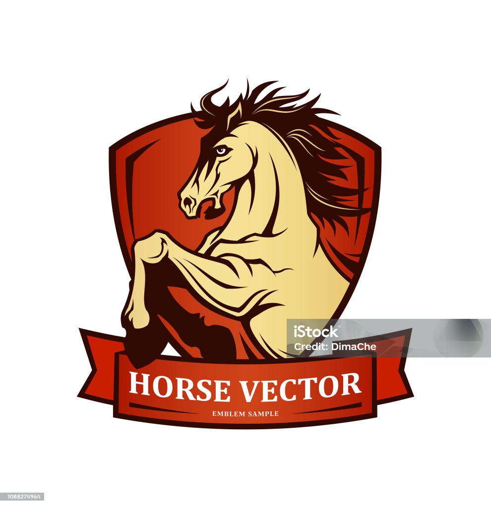 Horse symbol on shield - vector emblem with changeable text on ribbon Horse symbol on red shield - vector emblem with changeable text on ribbon Mustang - Wild Horse stock vector