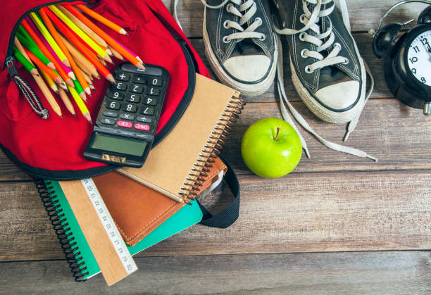 istock Backpack with school supplies on wooden table 1088281416