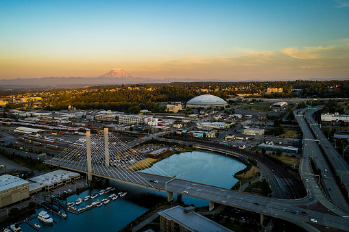 A drone view of Tacoma Washington and Mt Rainier