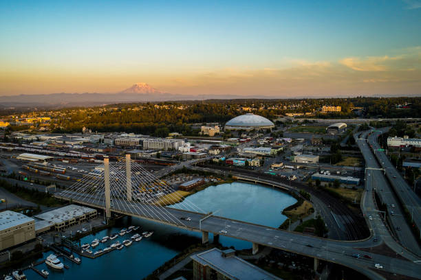 Tacoma Washington Landmarks Landscape A drone view of Tacoma Washington and Mt Rainier puget sound aerial stock pictures, royalty-free photos & images