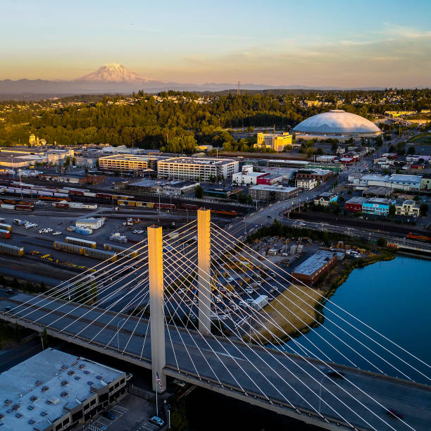 Drone View Of Tacoma Washington Landmarks Tacoma Washington aerial view with mt rainier background tacoma stock pictures, royalty-free photos & images