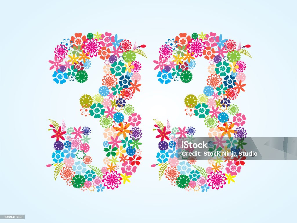 Vector Colorful Floral 33 Number Design isolated on white background. Floral Number Thirty Three Typeface Vector Colorful Floral 33 Number Design isolated on white background. Floral Number Thirty Three Vector Typeface. Alphabet stock vector