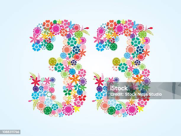 Vector Colorful Floral 33 Number Design Isolated On White Background Floral Number Thirty Three Typeface Stock Illustration - Download Image Now