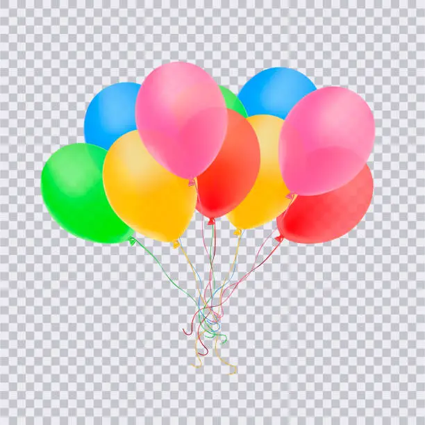 Vector illustration of Birthday balloons with confetti isolated on transparent background. Happy birthday concept.