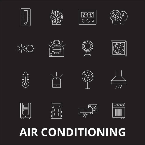 Air conditioning editable line icons vector set on black background. Air conditioning white outline illustrations, signs, symbols Air conditioning editable line icons vector set on black background. Air conditioning white outline illustrations, signs,symbols heat transfer fluid stock illustrations