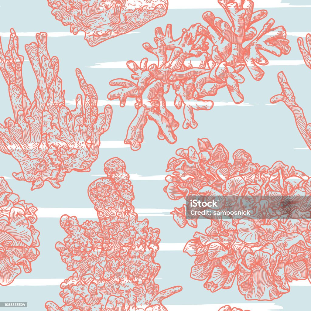 Sea Coral Line Artwork Seamless Pattern Vintage-style line artwork seamless pattern of sea coral. Reef stock vector